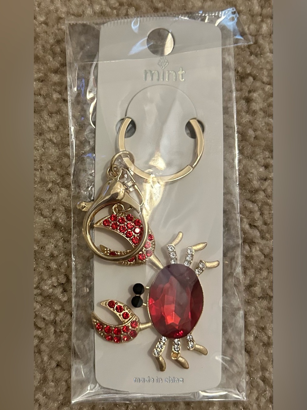 Mint Gold-Tone Red Crystal Crab Key & Card Holder Charm with Clear Accents